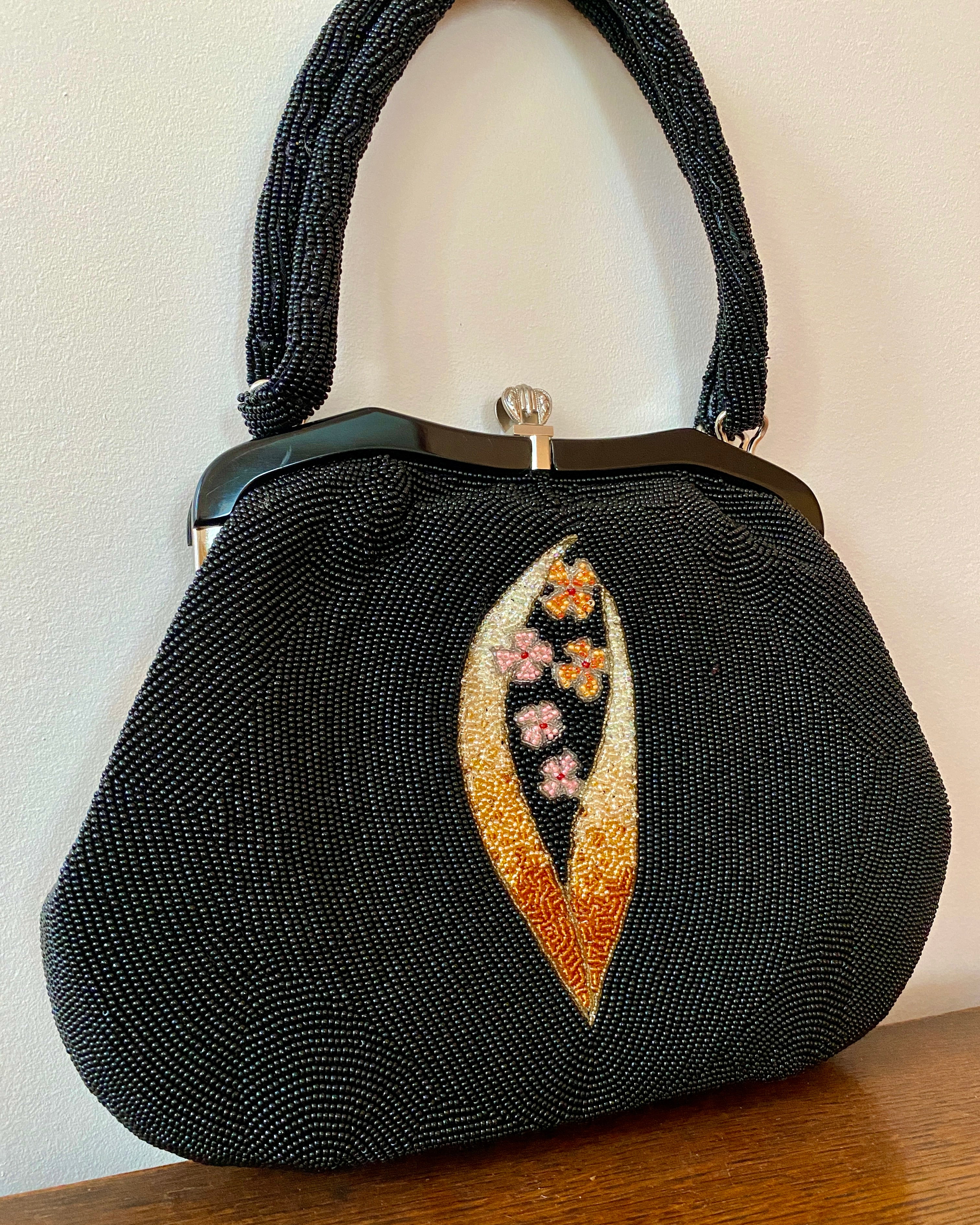 Vintage 1950s Fine Hand Beaded Black Handbag with Flower and Leaf Pattern Mint Condition