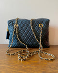 Vintage 1980s Navy Quilted Matelasse Leather Shoulder Bag / Cross Body With Gold Chain Link Straps and Tassel
