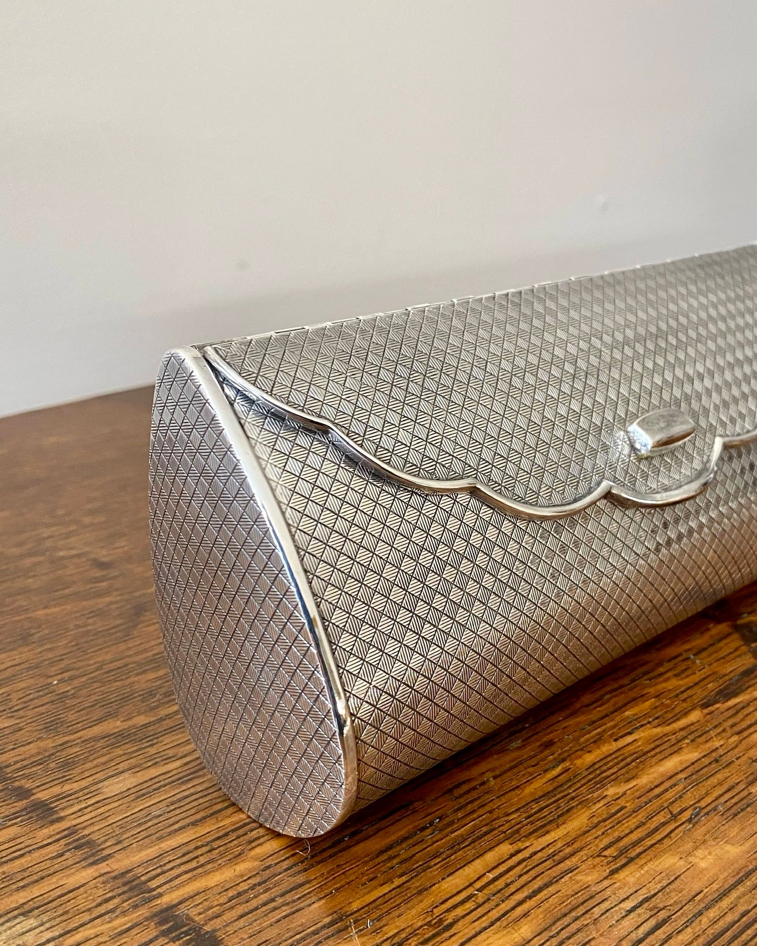 Vintage 1950s Mid Century Silver Plated Metal Diamond Pattern Box Clutch Purse Handbag Made in Japan