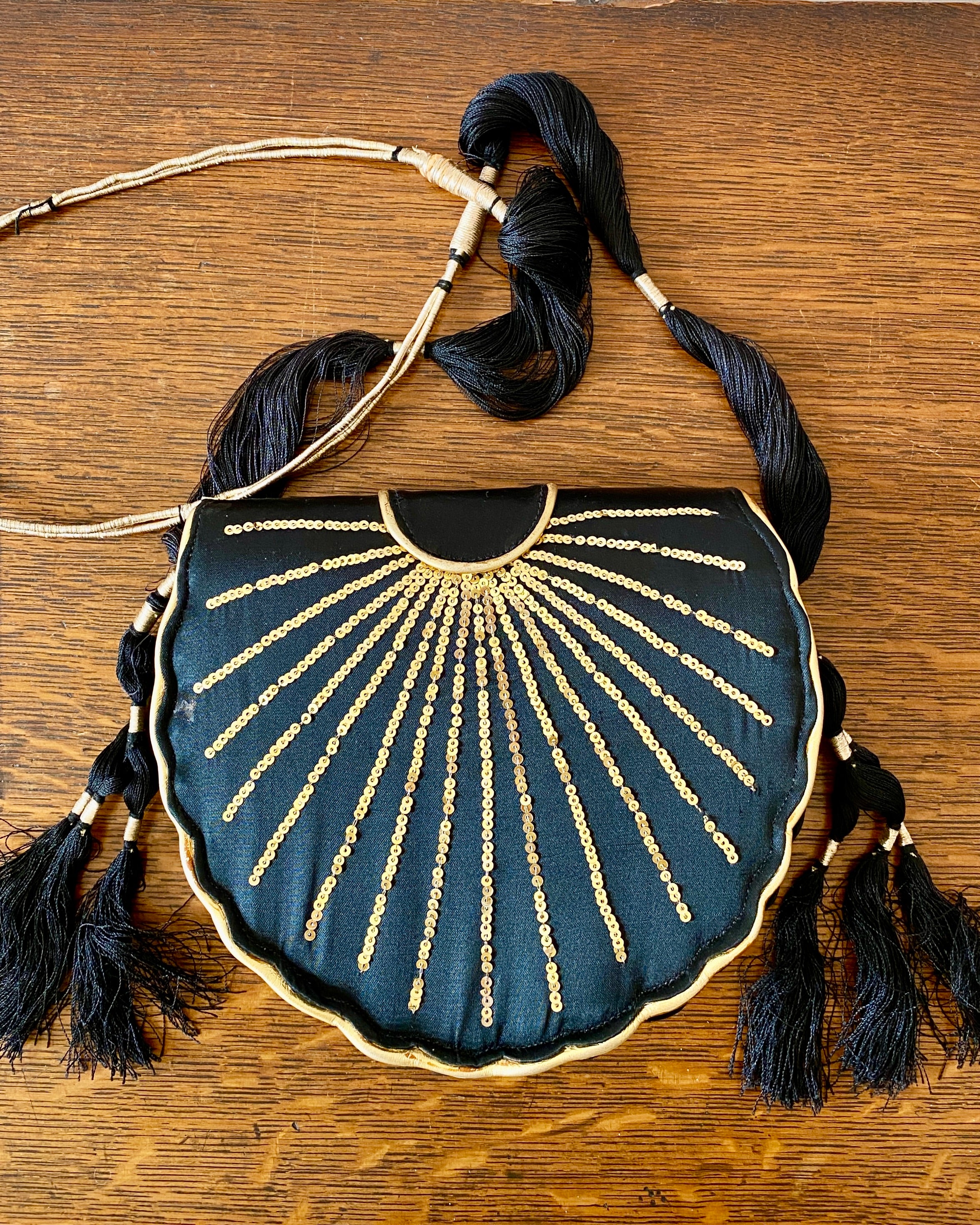 Vintage 1970s Black Silk Satin with Gold Sequins and Tassels  Shoulder Bag