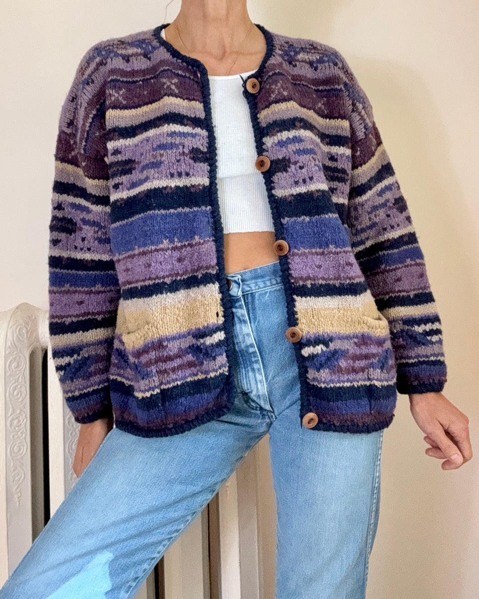 Vintage 1990s AMANO Handknit Purple Wool Stripe and Pattern