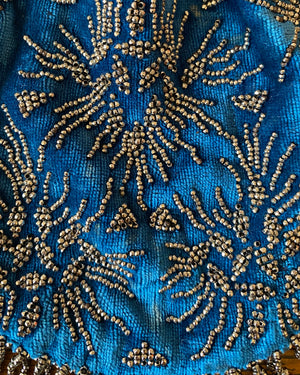 Antique 1910-1914 Edwardian Art Nouveau Teal Velvet Bag with Chrysanthemum Steel Cut Beads and Loop Fringe