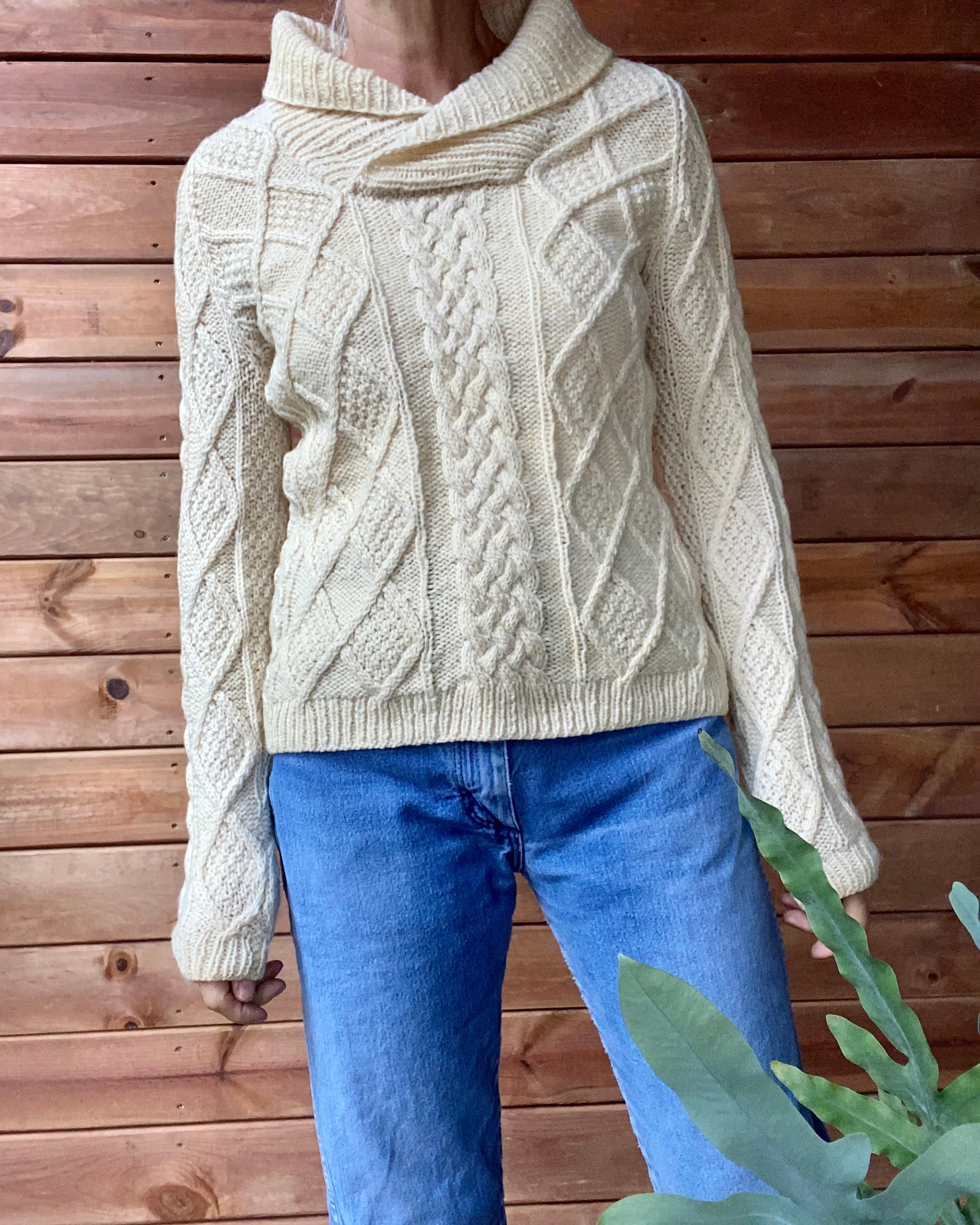 Vintage Handknit Cream Irish Fisherman Cable Sweater with Shawl Collar S M