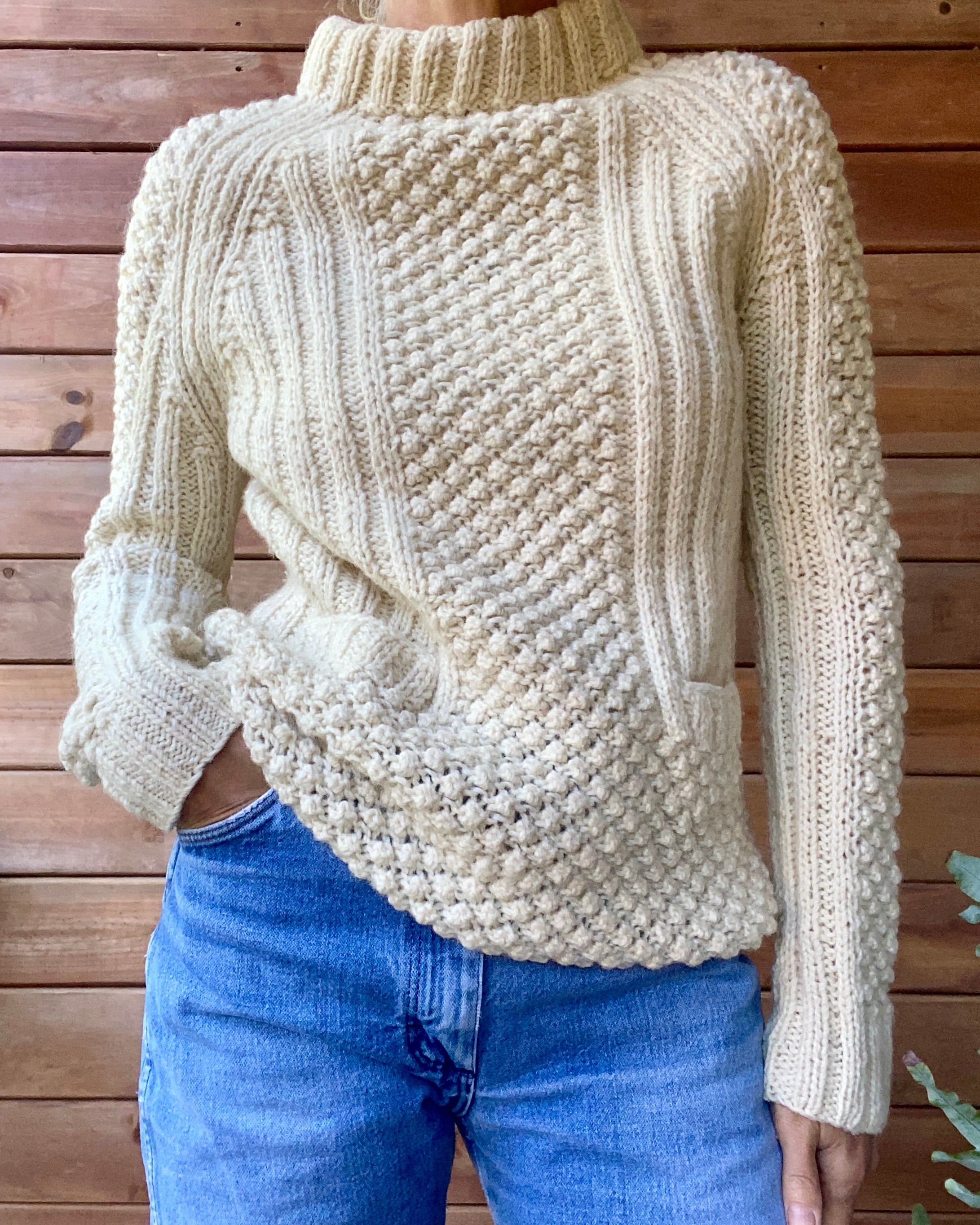 Vintage Handknit Cream Bobble Fisherman Sweater M