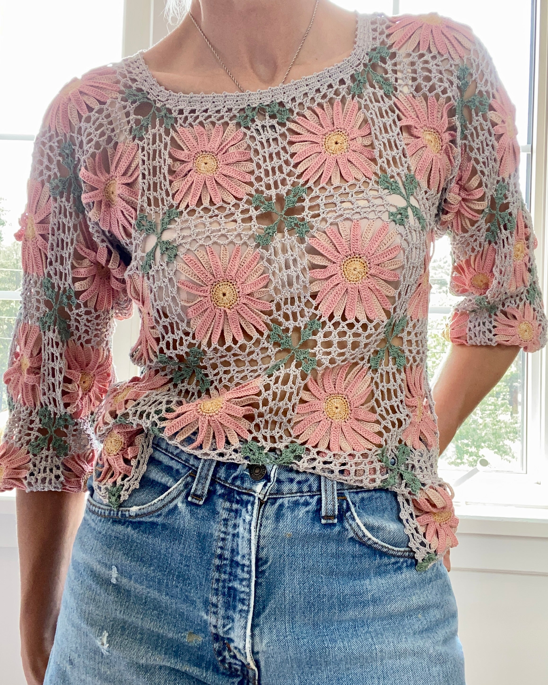 VINTAGE Pima Cotton Crochet Floral Patchwork Top