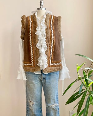 Vintage 1960s Afghan Penny Lane Shearling Suede Brown Vest with Silk Embroidery Janis Joplin Style Small or Medium