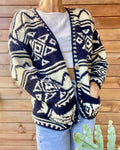 Vintage Hand Knit Navy and Cream Nautical Patterned Wool Cardigan