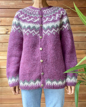 Vintage Handknit Icelandic Fair Isle Shetland Pink Wool Cardigan M or L