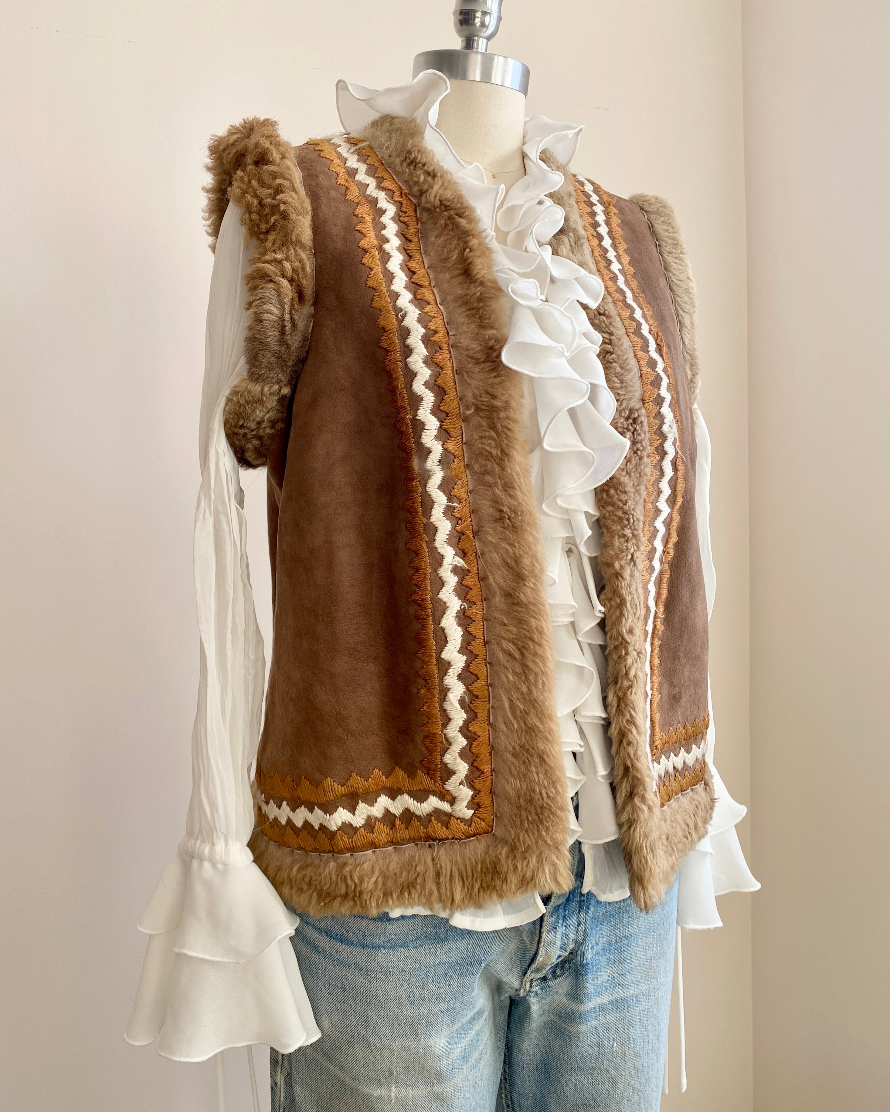 Vintage 1960s Afghan Penny Lane Shearling Suede Brown Vest with Silk Embroidery Janis Joplin Style Small or Medium