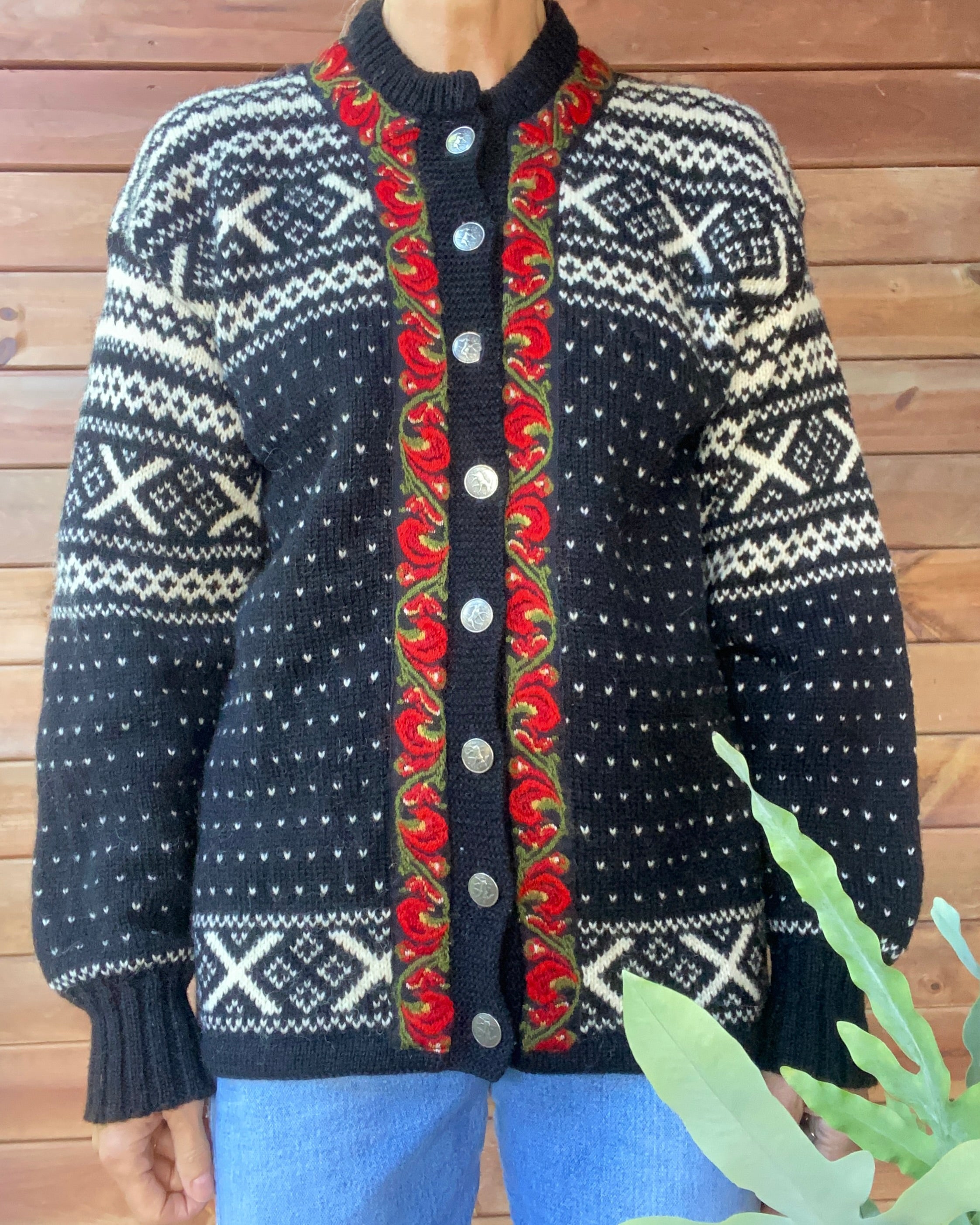 Vintage FIGGIO Ski Setesdal Fair Isle Norwegian Black Sweater Cardigan M L