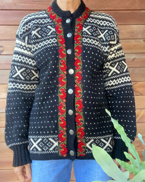 Vintage FIGGIO Ski Setesdal Fair Isle Norwegian Black Sweater Cardigan M L