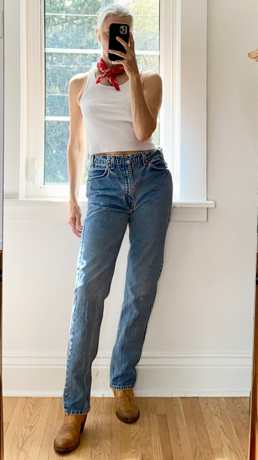 Vintage 1990s Orange Tab Levis Medium Wash Denim Jeans made in USA Size 31 or 32