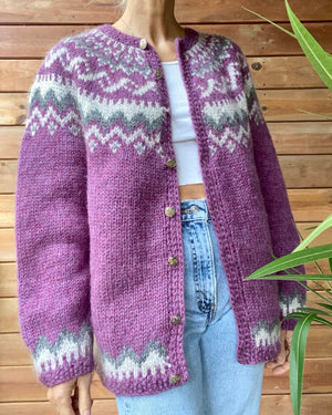 Vintage Handknit Icelandic Fair Isle Shetland Pink Wool Cardigan M or L