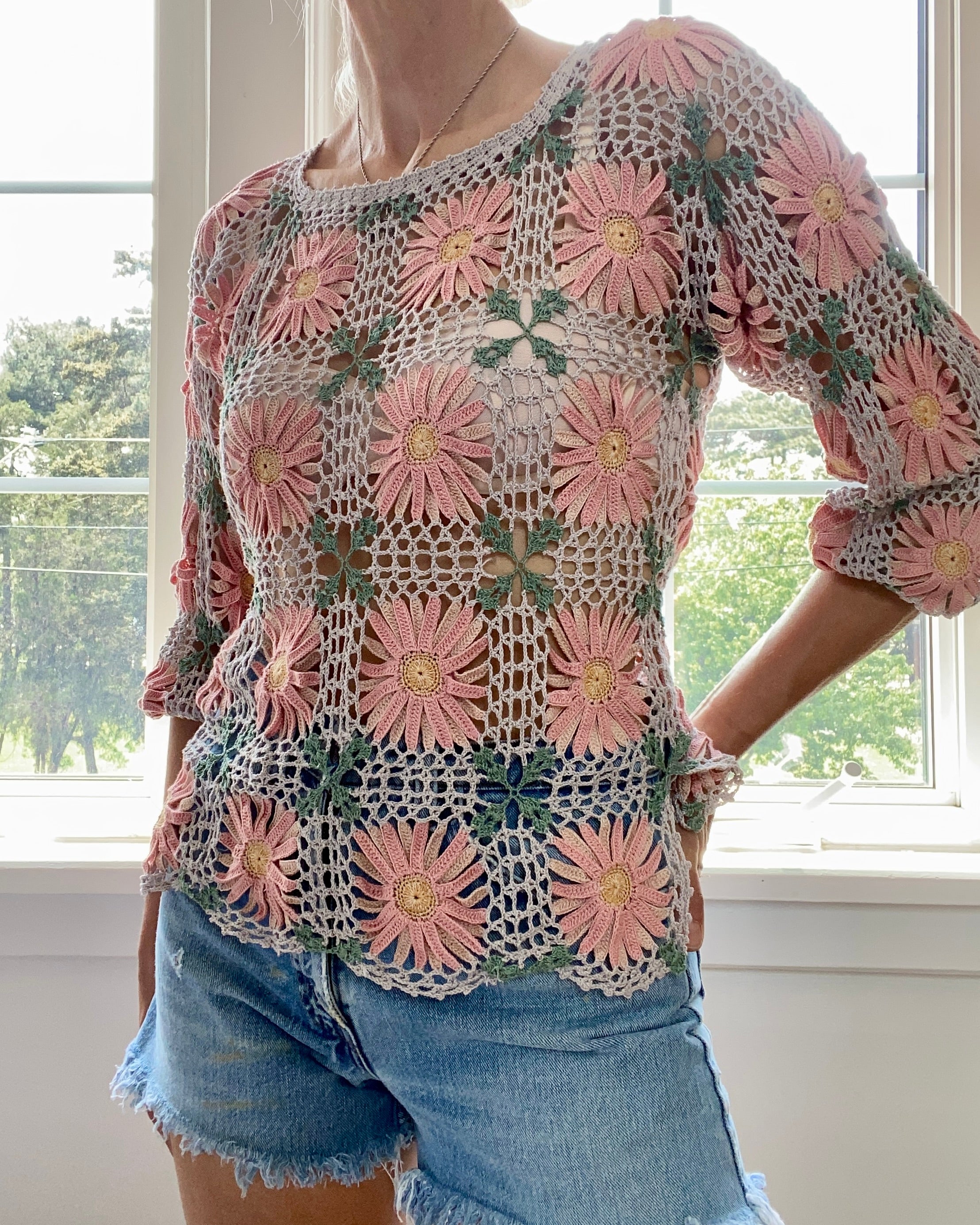 VINTAGE Pima Cotton Crochet Floral Patchwork Top