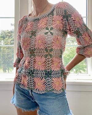 VINTAGE Pima Cotton Crochet Floral Patchwork Top