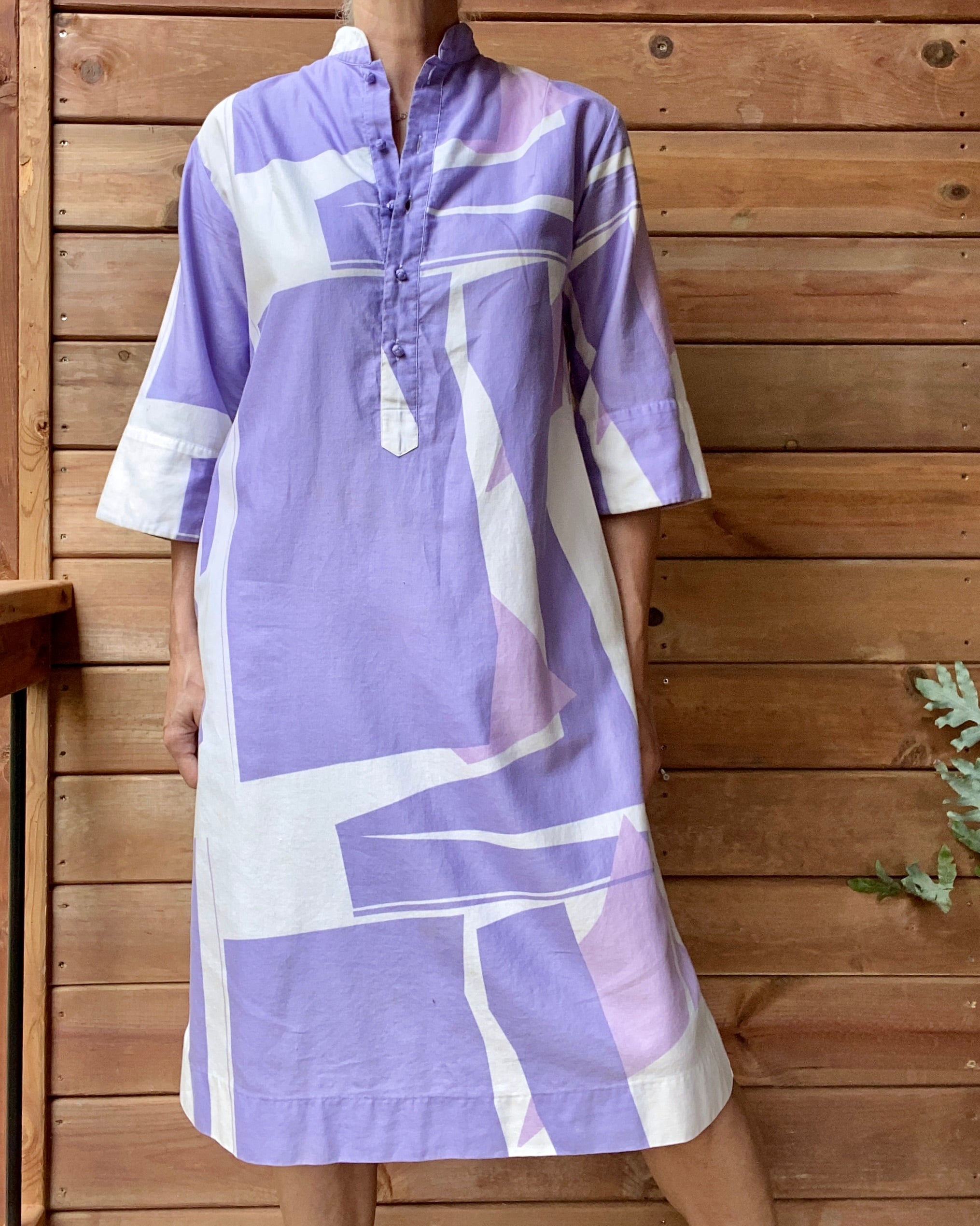 Vintage Catherine Ogust for Penthouse Gallery "Forever Dress" Abstract Geometric Pastels Purple Cotton Dress Tunic Caftan M L