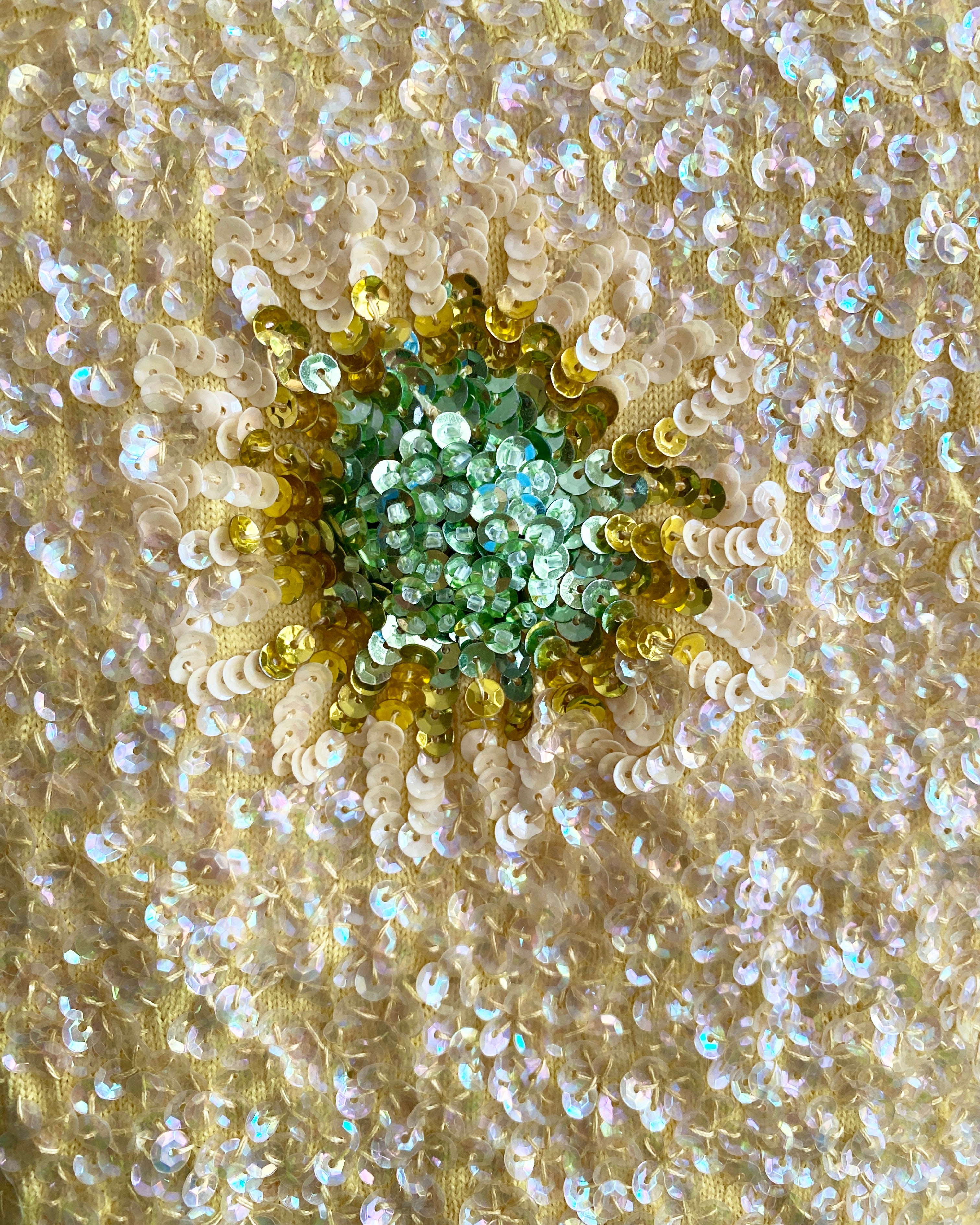 Vintage 1950s Yellow and Green Floral Hand Beaded Sequin Wool Cocktail Knit Shell Top M