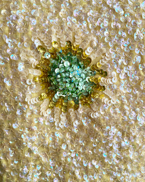 Vintage 1950s Yellow and Green Floral Hand Beaded Sequin Wool Cocktail Knit Shell Top M