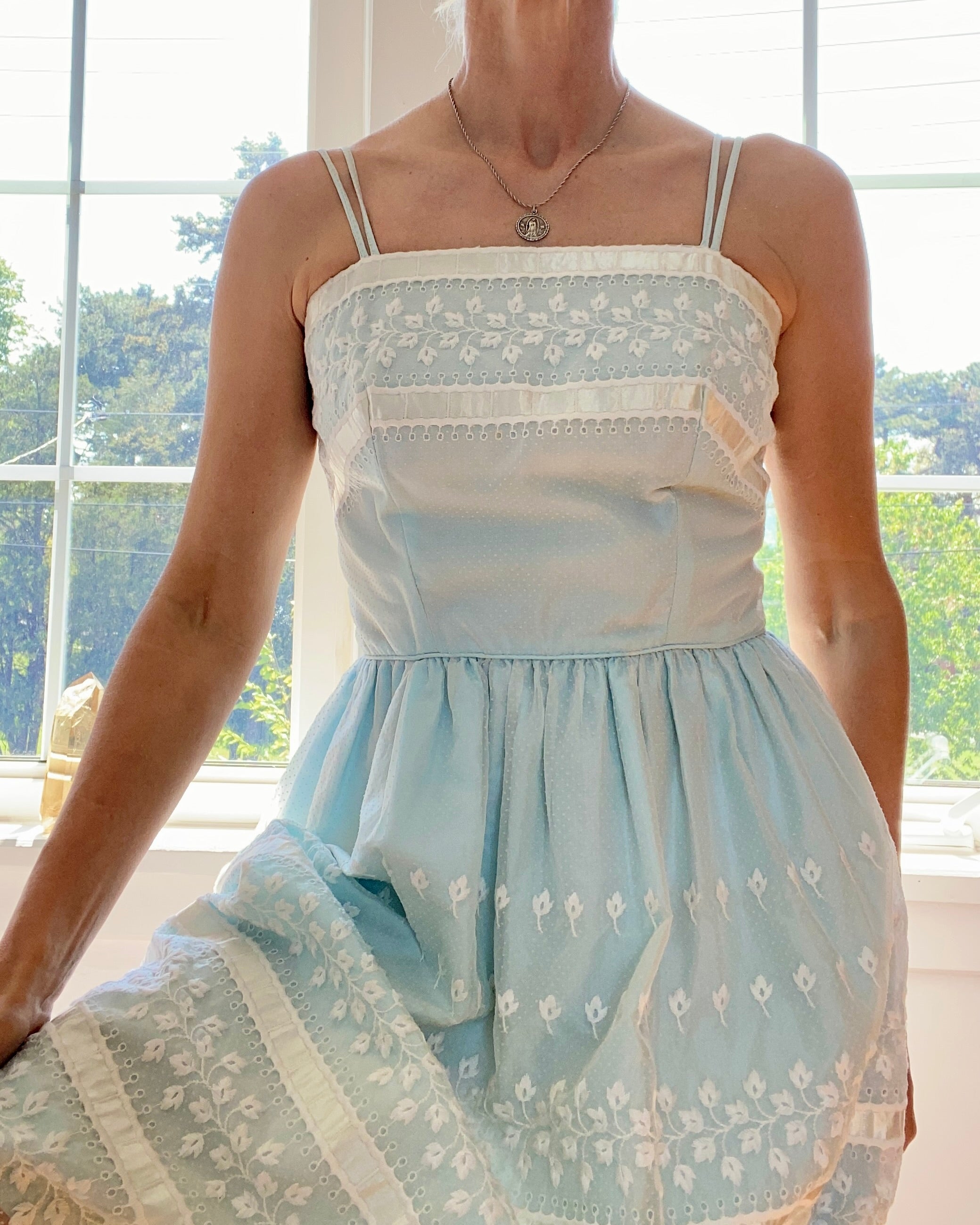VINTAGE 1960s Baby Blue Lace and Eyelet Summer Fit and Flare Spaghetti Strap Dress M