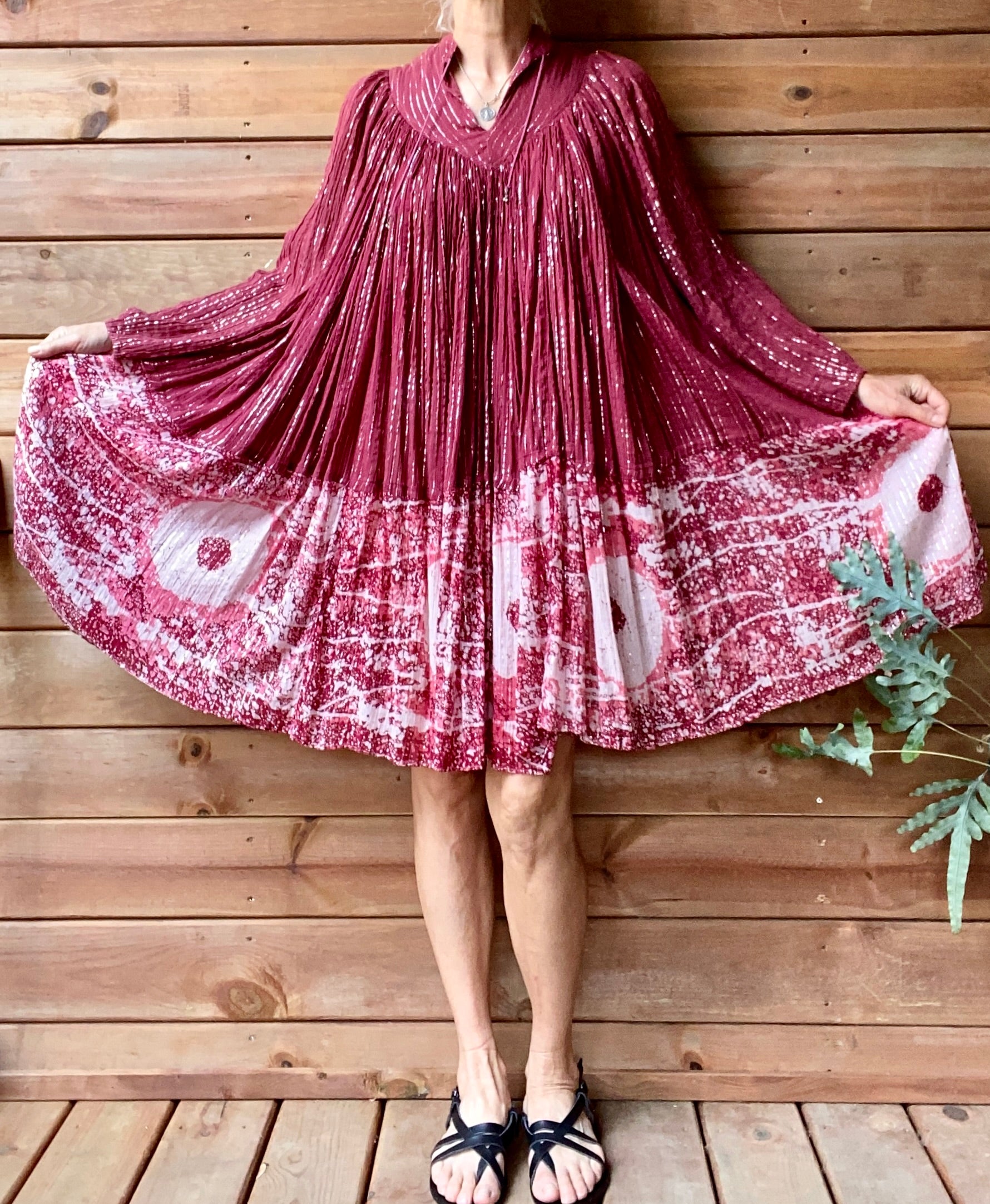 Vintage 1970s PARADIS Indian Cotton Gauze Cherry Red Batik and Lurex Dress