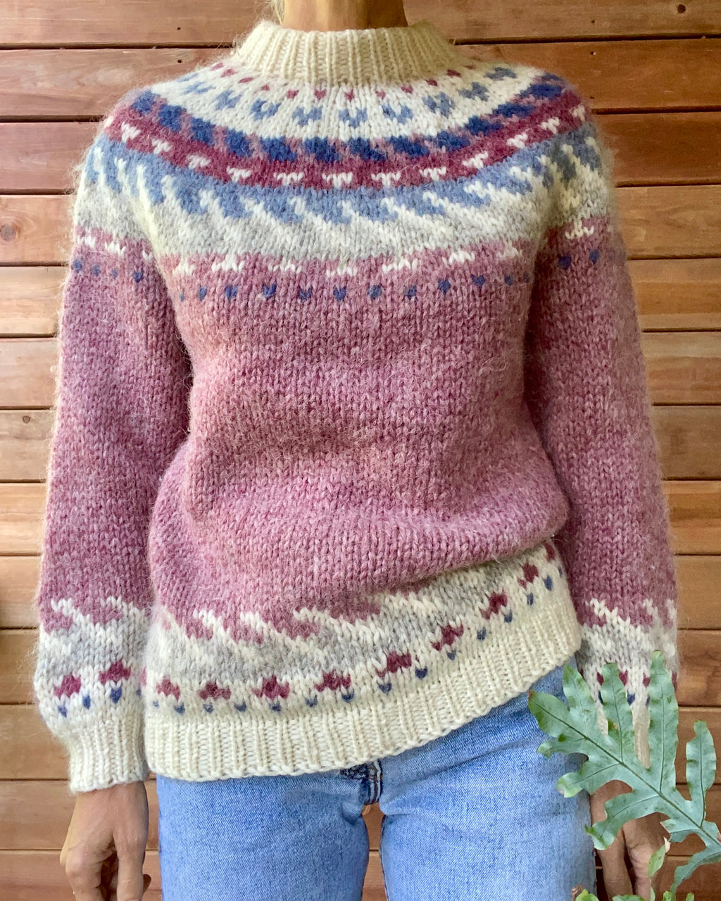 VINTAGE HILDA Ltd. for LLBEAN Icelandic Handknit Pink Fairisle Wool Sweater M L