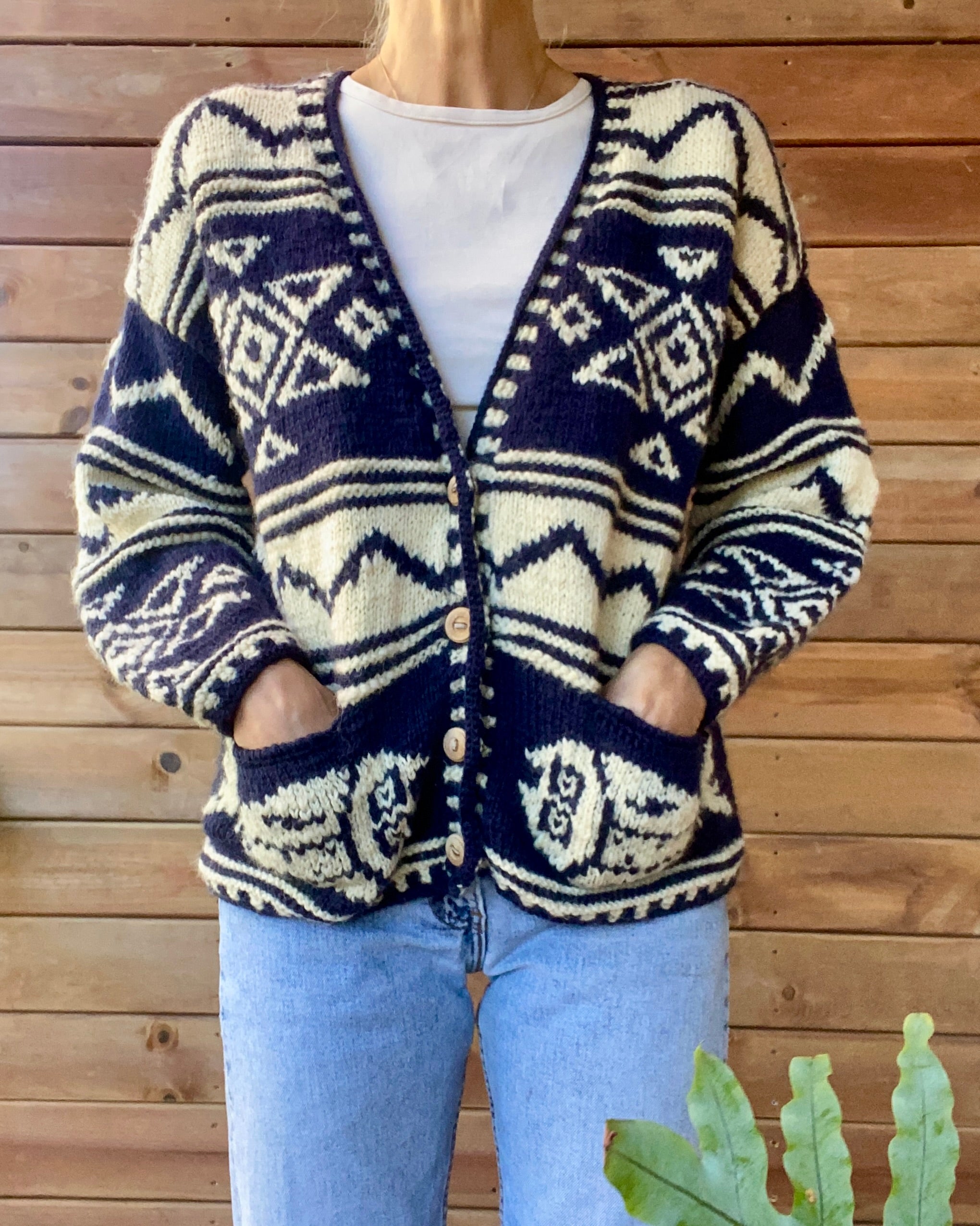 Vintage Hand Knit Navy and Cream Nautical Patterned Wool Cardigan