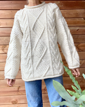 Vintage PURPLE MOUNTAIN Handknit Cream Aran Cable Sweater M