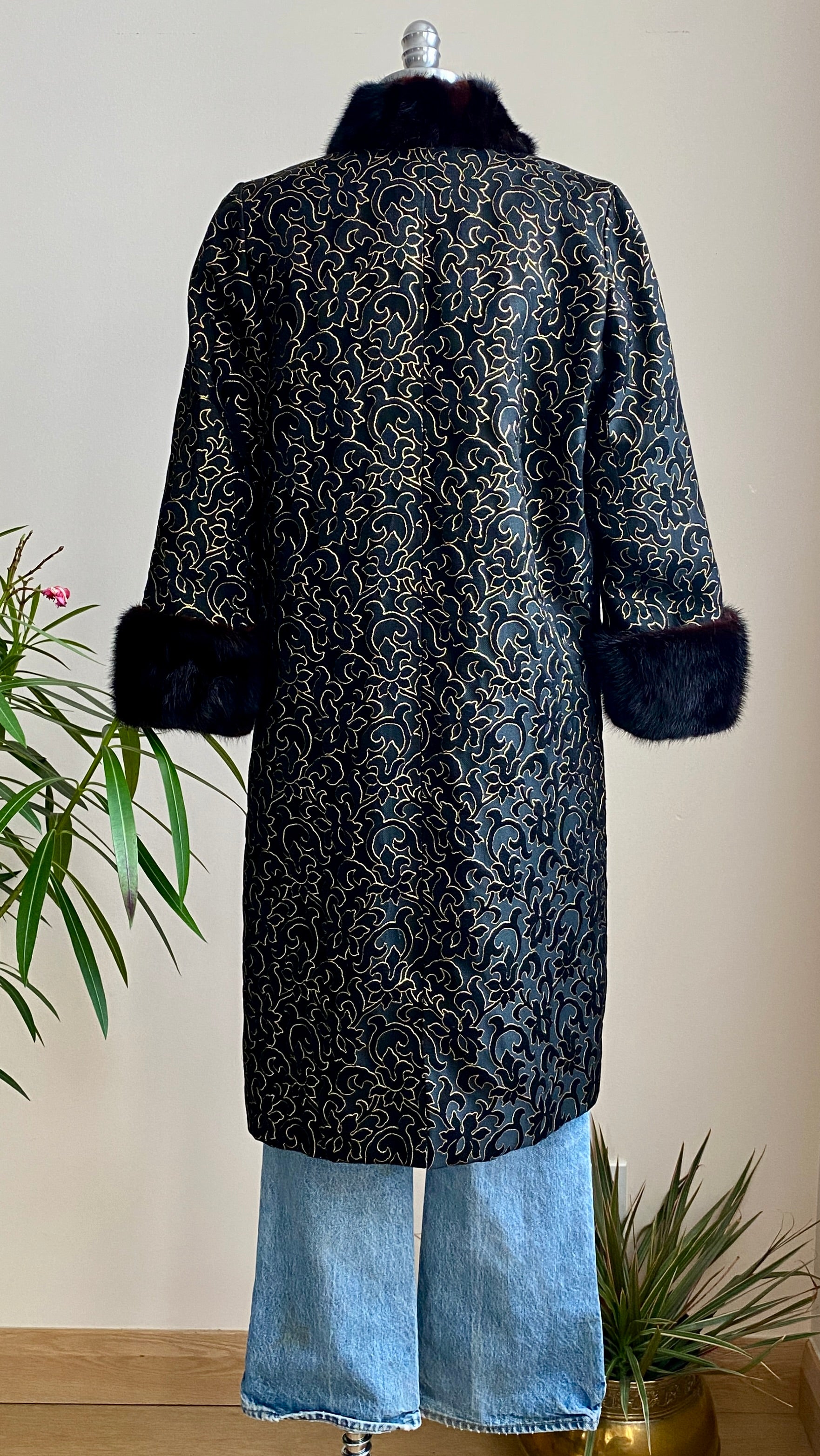 Vintage 1960s Black and Gold Floral Brocade Evening Coat with Mink Fur Trim New Condition S