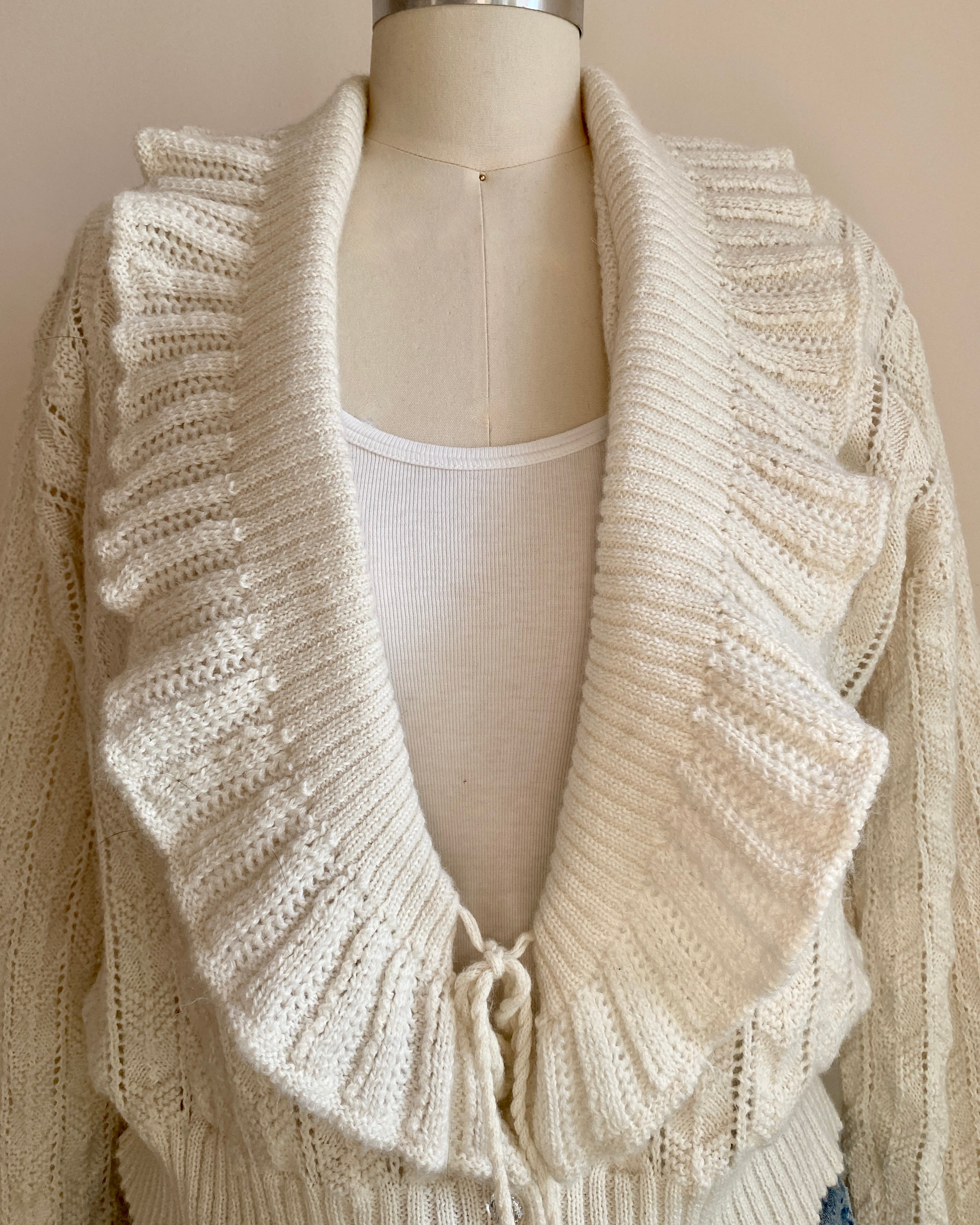 Vintage 1950s Handknit Ivory Pointelle Shawl Collar Cardigan Bed Jacket Sweater M