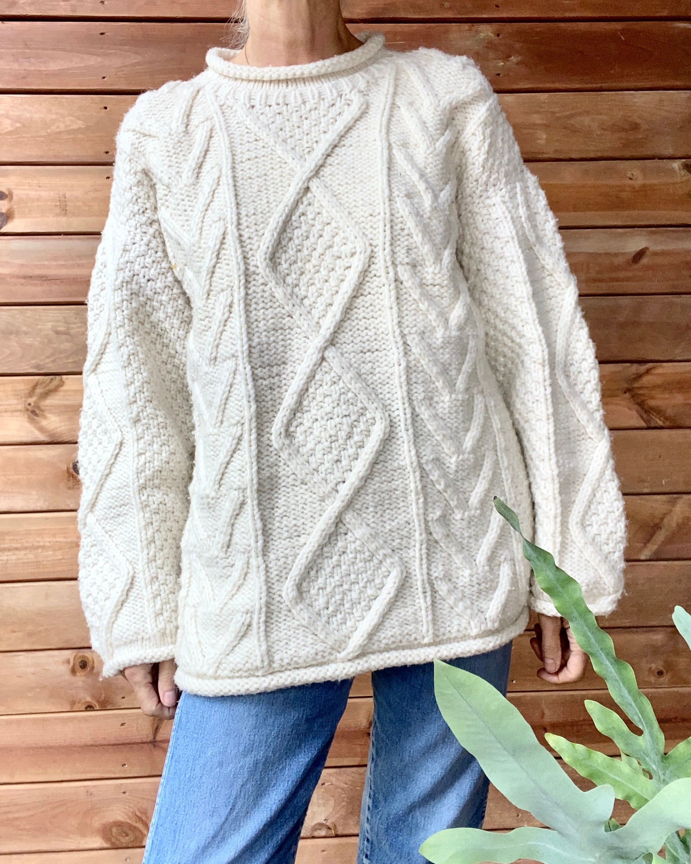 Vintage PURPLE MOUNTAIN Handknit Cream Aran Cable Sweater M