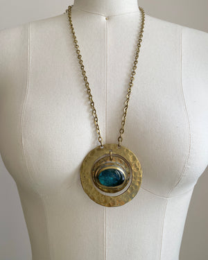 Vintage 1970s Rafael Alfandry Modernist Brass Pendant Necklace with Light Blue Cabochon and Link Chain made in Canada