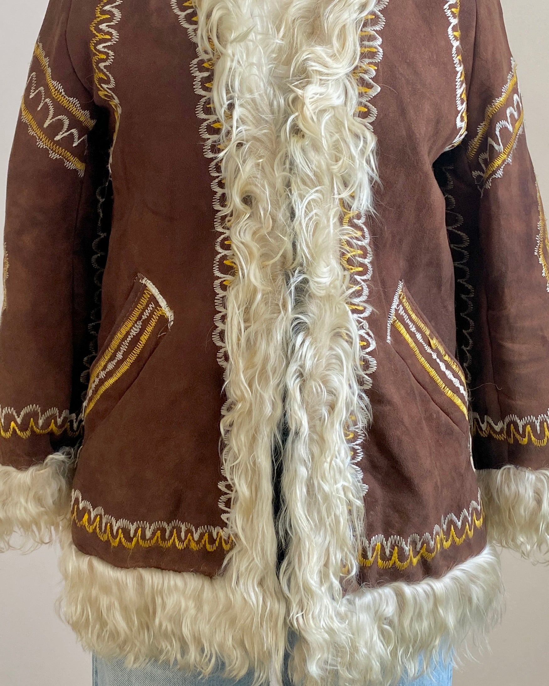 Vintage 1960s Afghan Shearling Suede Brown Penny Lane Coat Jacket with Silk Embroidery XS Janis Joplin Jimmy Hendrix Style