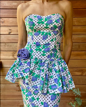 Vintage 1980s Cotton Polka Dot With Purple Rose Print Bustier Dress and Ruffle Peplum - Union Made ILGWU in USA Size M