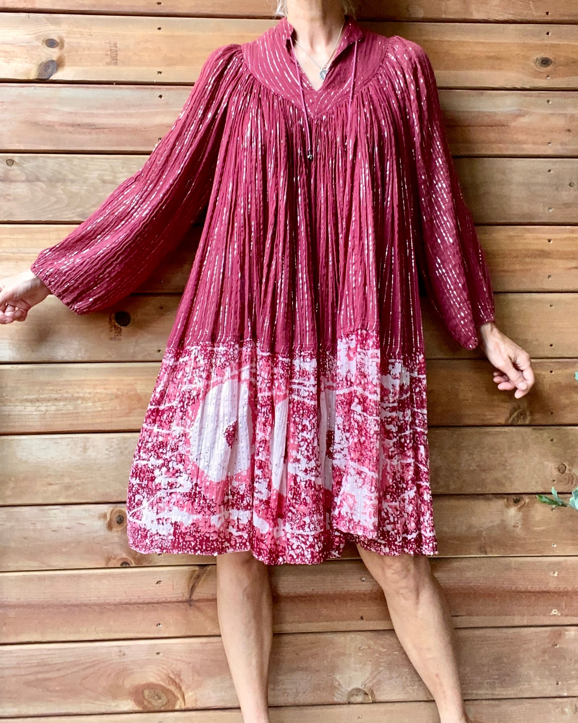 Vintage 1970s PARADIS Indian Cotton Gauze Cherry Red Batik and Lurex Dress