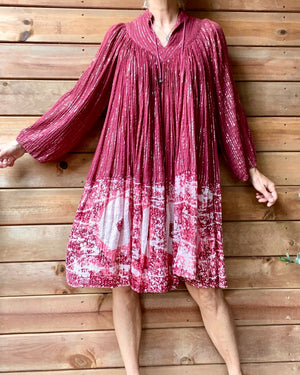 Vintage 1970s PARADIS Indian Cotton Gauze Cherry Red Batik and Lurex Dress