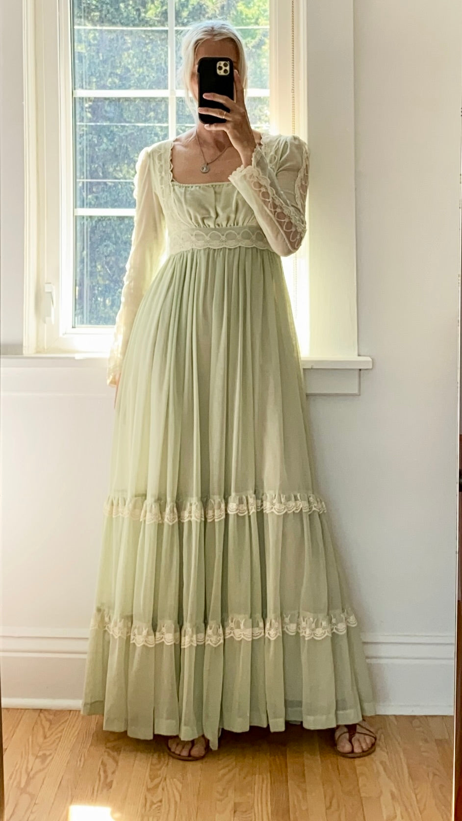 VINTAGE 1970s Gunne Sax style Fairy Tiered Sage Green Voile Lace Prairie Maxi Dress 6