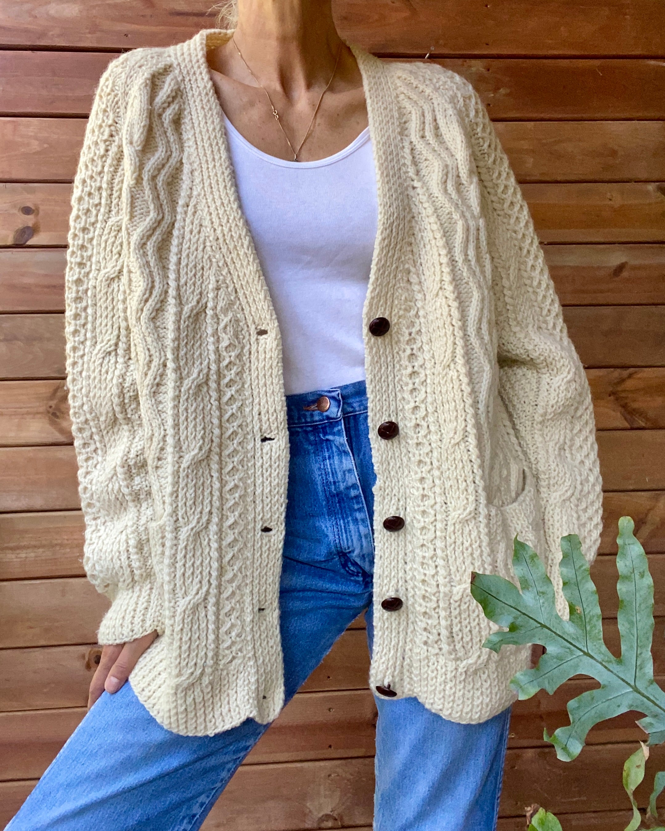 VINTAGE Handknit Fisherman Cable Wool Cardigan L