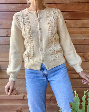 Vintage Handknit Cream Pointelle Cable Sweater Cardigan M
