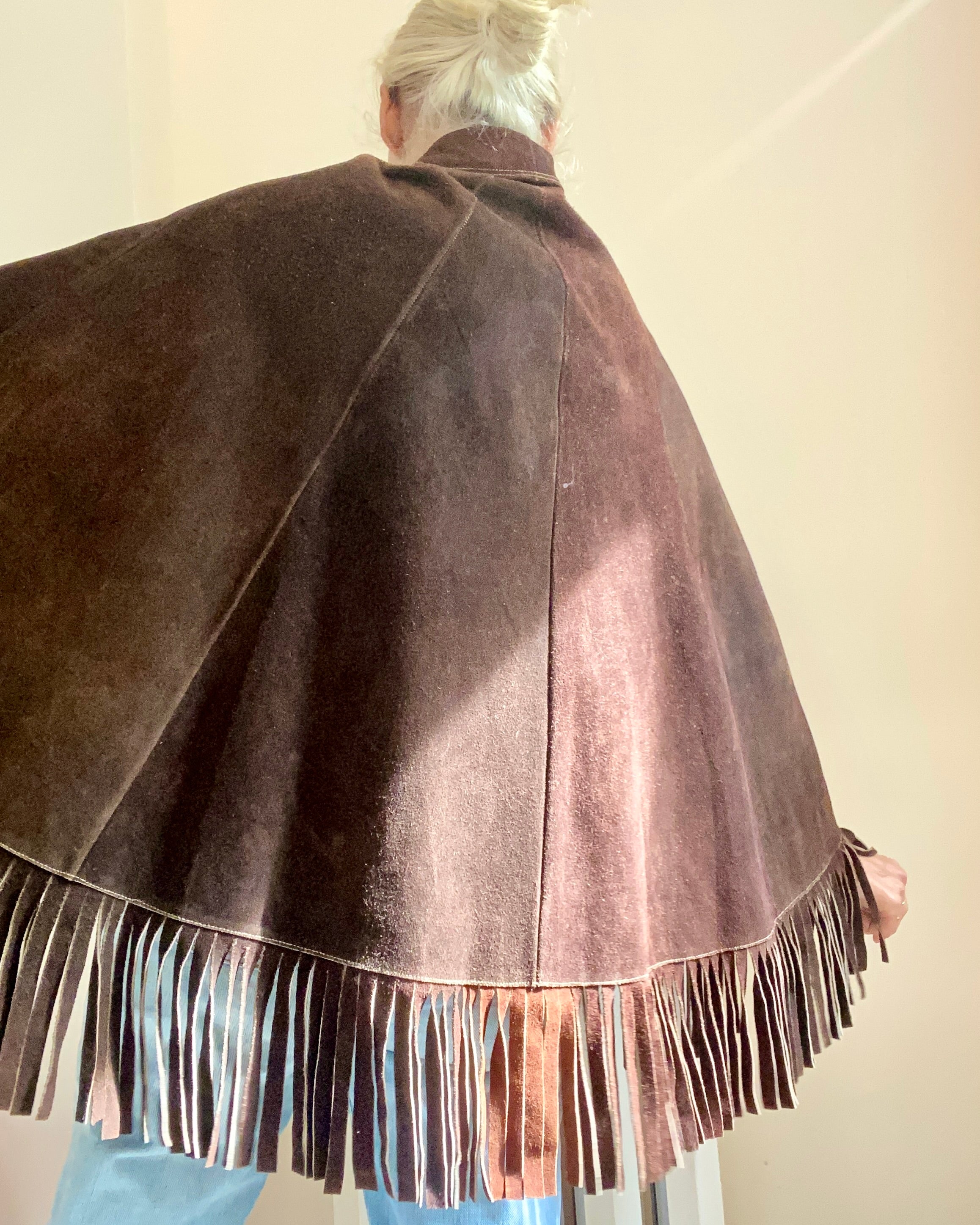 Vintage 1960s Suede Brown Fringe Cape Jacket M 6 8