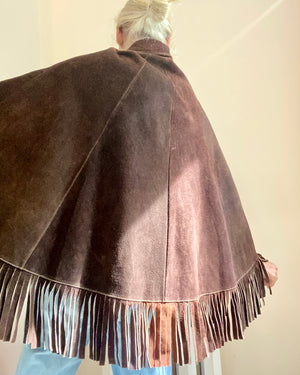 Vintage 1960s Suede Brown Fringe Cape Jacket M 6 8