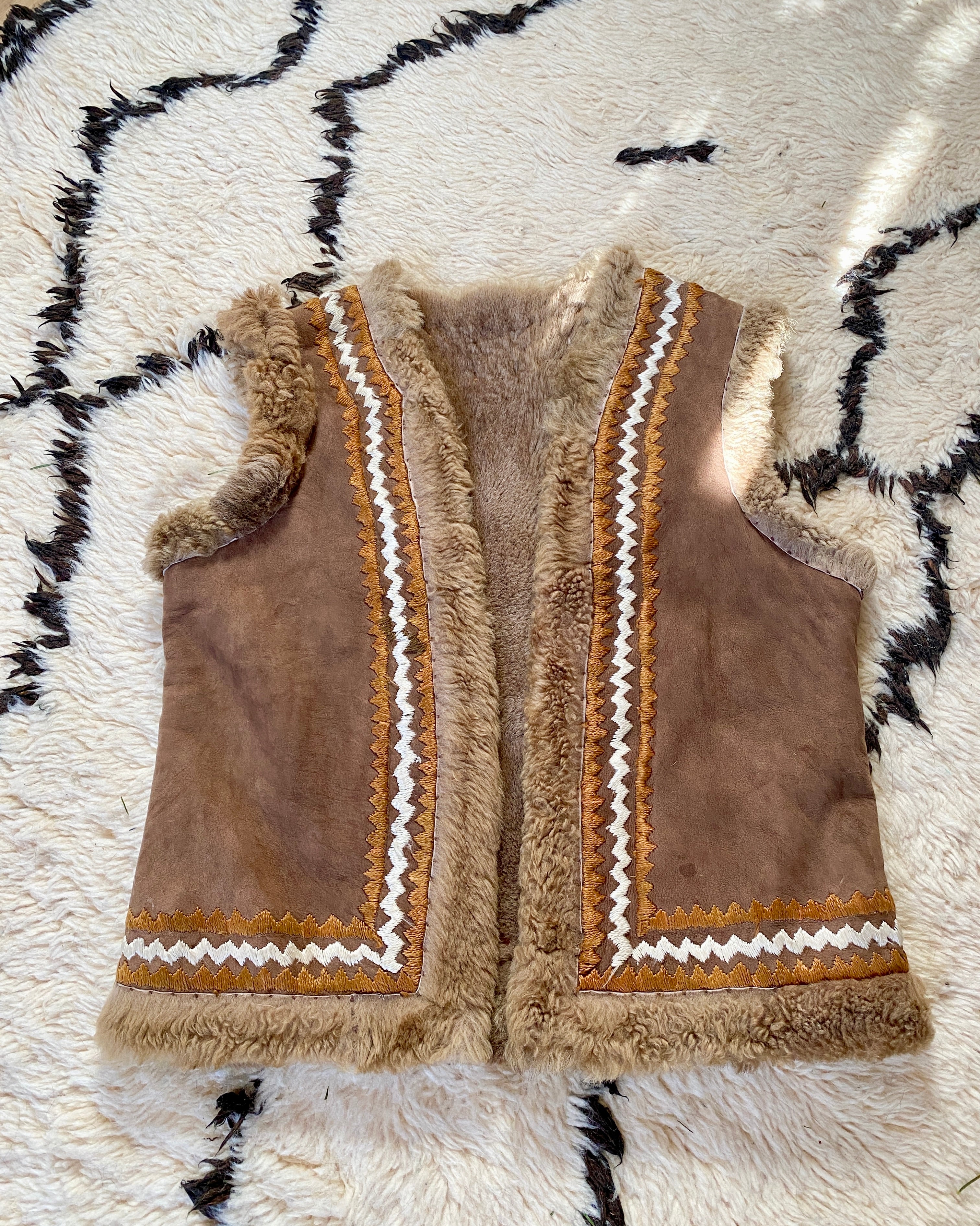 Vintage 1960s Afghan Penny Lane Shearling Suede Brown Vest with Silk Embroidery Janis Joplin Style Small or Medium
