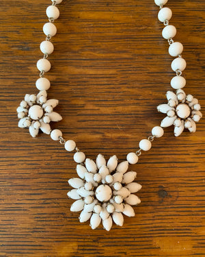 Vintage 1950s 1960s Milk Glass Flower Pendants Set in Metal Hardware with Chain Beads