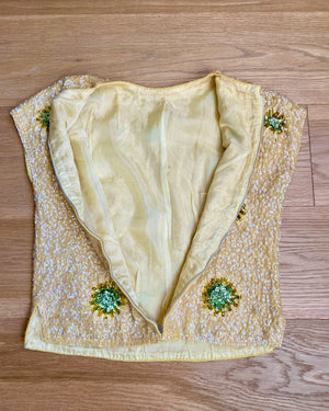 Vintage 1950s Yellow and Green Floral Hand Beaded Sequin Wool Cocktail Knit Shell Top M