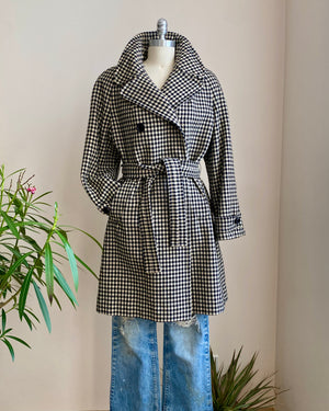 Vintage 1960s MAC CALLUM Black & Ivory Wool Scottish Tweed Check Double Breasted Coat With Belt S or M