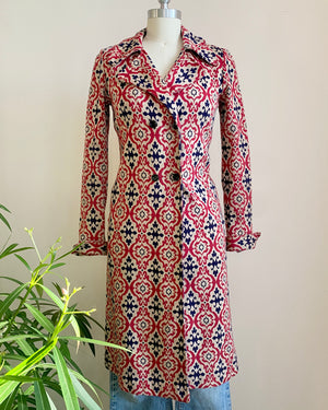 Vintage 1970s FABRICE DELFIEU PARIS Double Knit Tile Print Coat Dress Jacket S