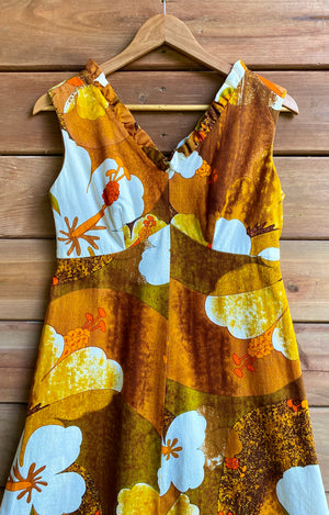 Vintage 1960s 1970s HUKILAU FASHIONS Hawaiian Cotton Barkcloth Hibiscus Mini Dress