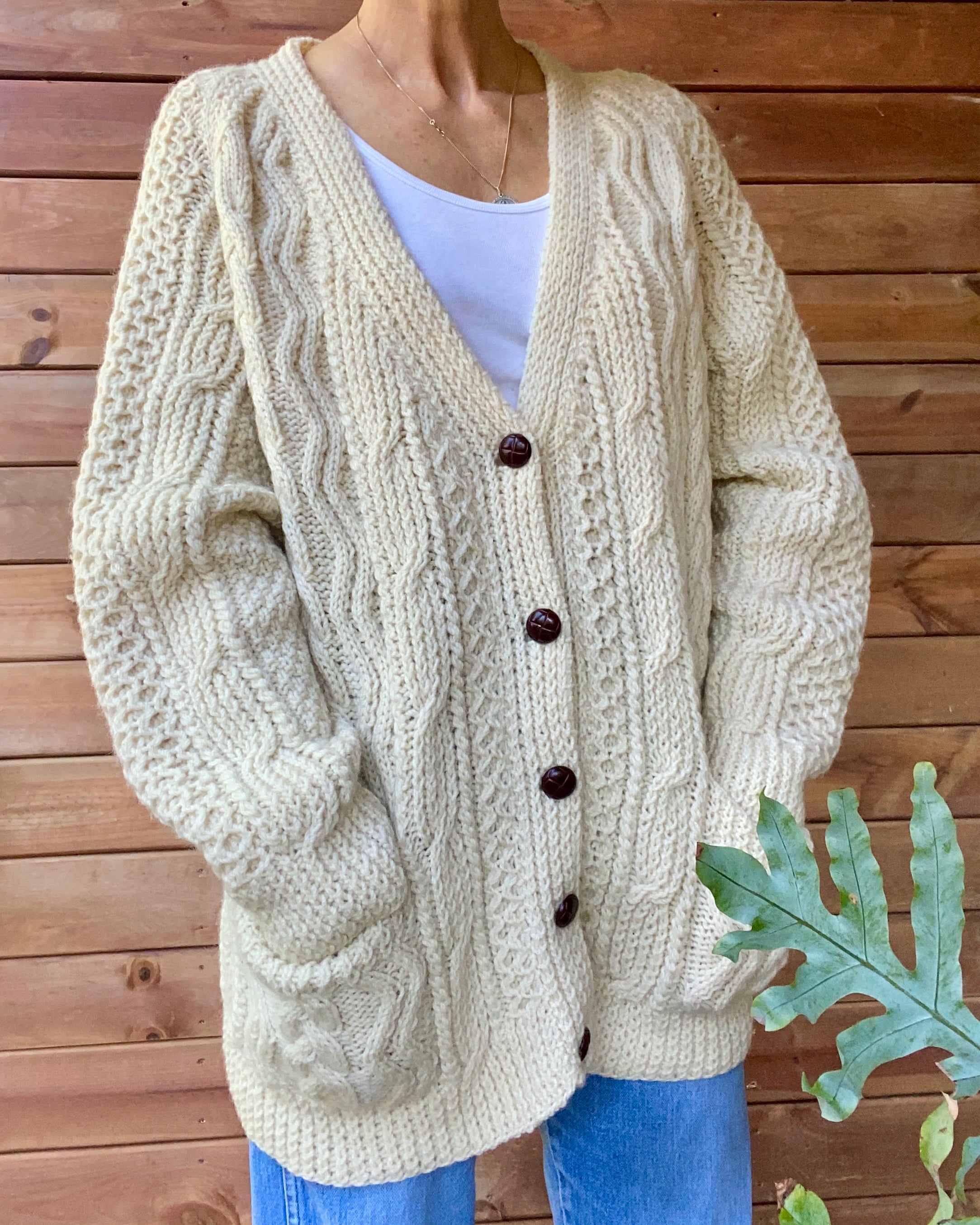 VINTAGE Handknit Fisherman Cable Wool Cardigan L