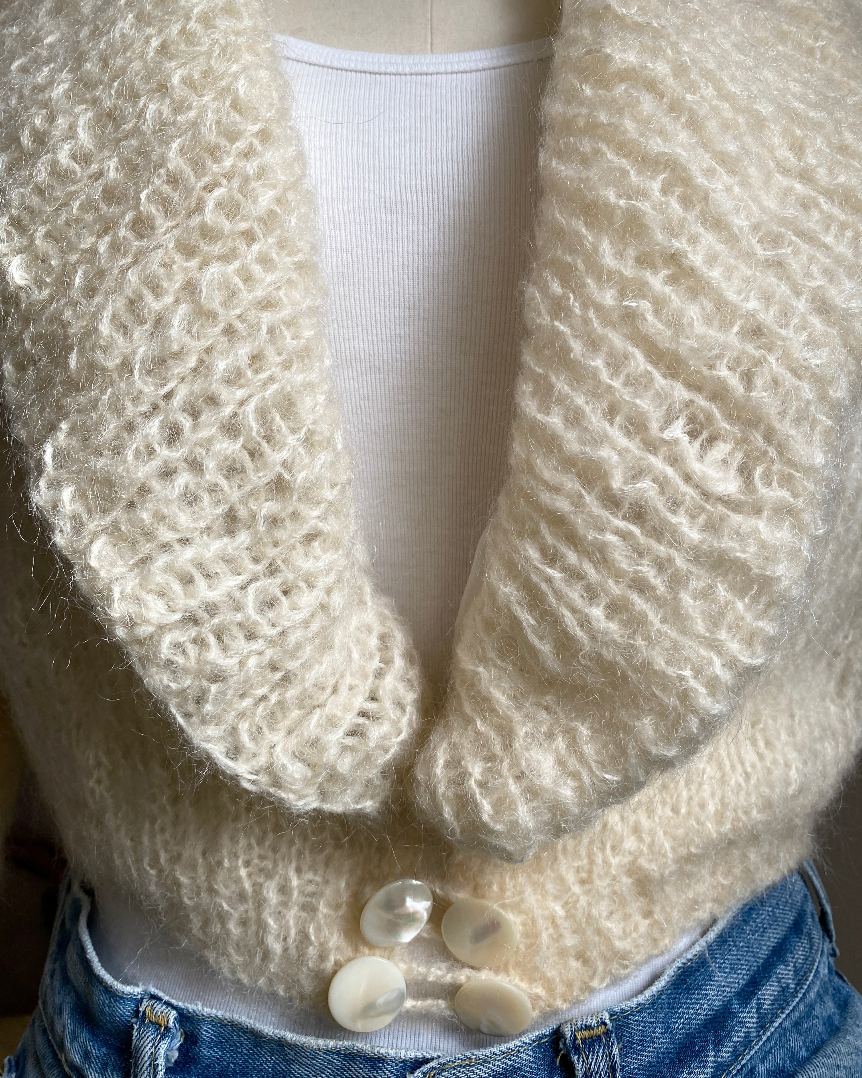 Vintage 1950s Handknit 100% Cream Mohair Shawl Collar Cardigan With Organza Lining M