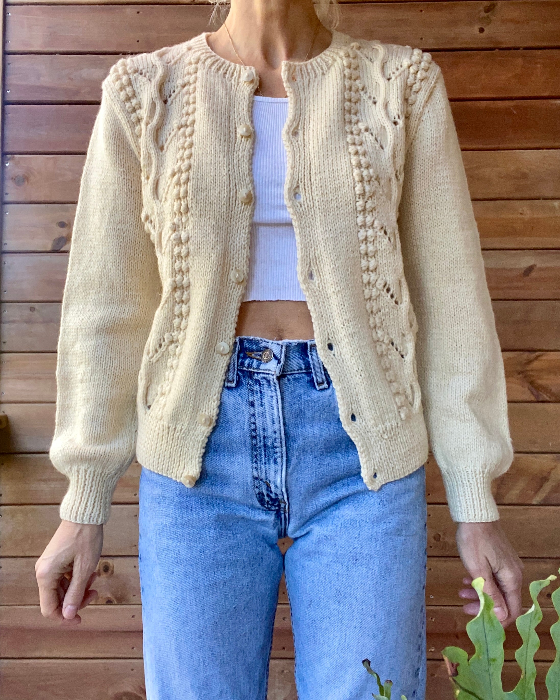 Vintage Handknit Cream Pointelle Cable Sweater Cardigan M