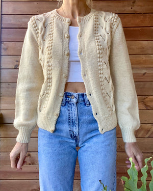 Vintage Handknit Cream Pointelle Cable Sweater Cardigan M